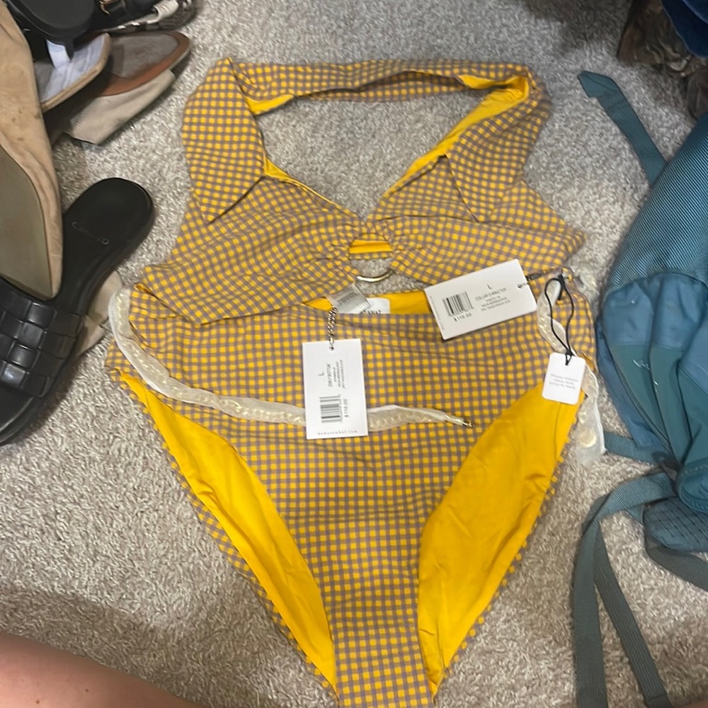 WeWoreWhat 2 piece bathing suit “neon seersucker”